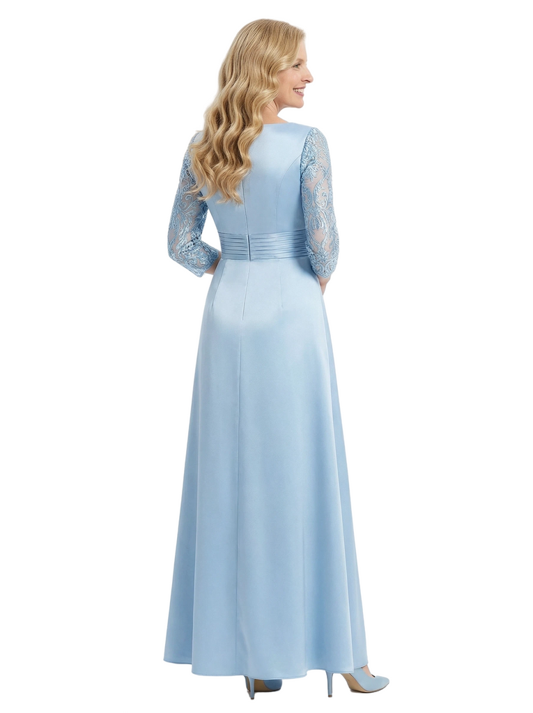 Trendy Lace Satin Mother Of The Bride Dress V-Neck Side Slit A-Line Gown