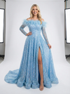 Gorgeous Off Shoulder Long Sleeves Side Slit Sequins Plume A-line Prom Dresses