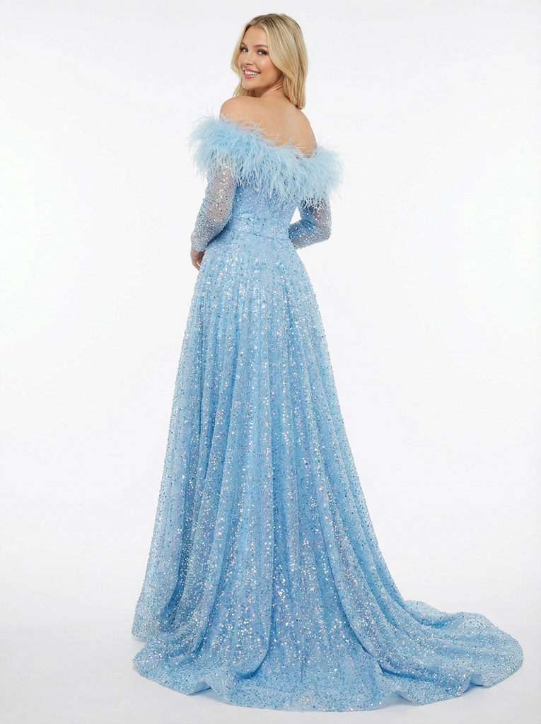 Gorgeous Off Shoulder Long Sleeves Side Slit Sequins Plume A-line Prom Dresses
