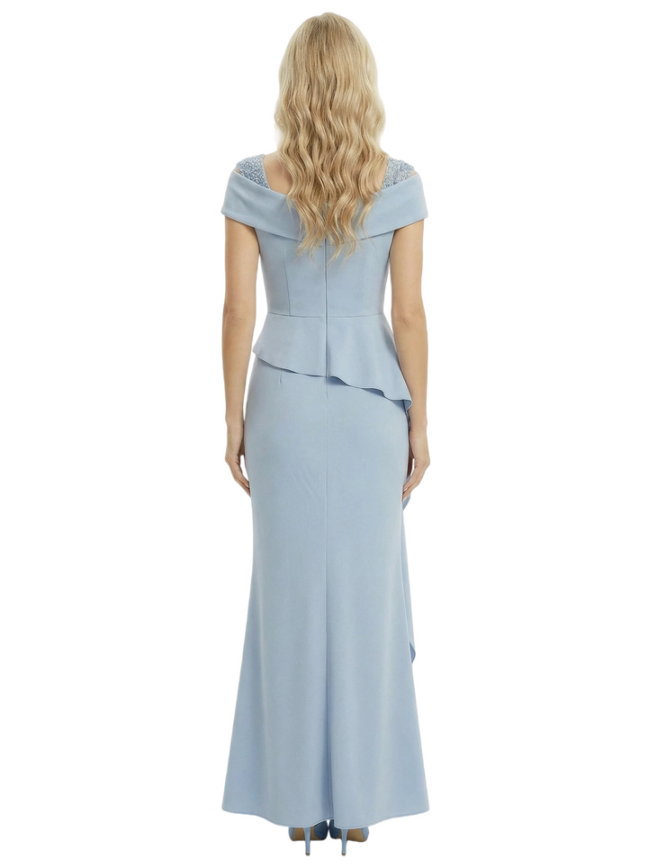 Mother of The Groom Dress Off Shoulder Short Sleeve Mermaid Silhouette Ruffled Fabric Fancy Unique Formal Occasion Gown