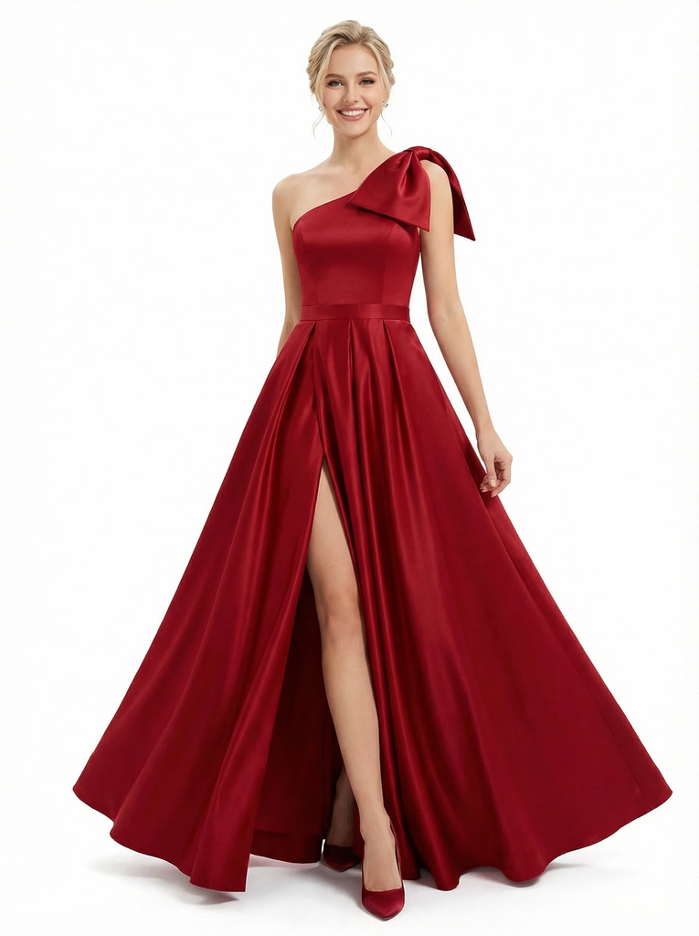 Simple One Shoulder A-line Satin Long Evening Prom Dresses with Side Slit