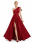 Simple One Shoulder A-line Satin Long Evening Prom Dresses with Side Slit
