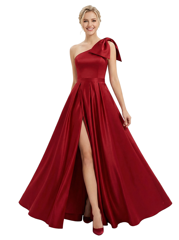 Simple One Shoulder A-line Satin Long Evening Prom Dresses with Side Slit - ChicSew Simple One Shoulder A-line Satin Long Evening Prom Dresses with Side Slit - ChicSew