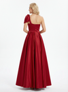 Simple One Shoulder A-line Satin Long Evening Prom Dresses with Side Slit