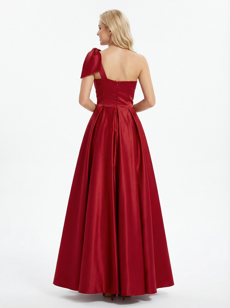 Simple One Shoulder A-line Satin Long Evening Prom Dresses with Side Slit