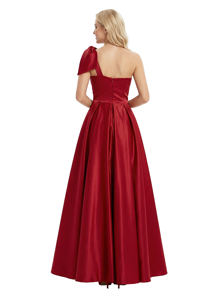 Simple One Shoulder A-line Satin Long Evening Prom Dresses with Side Slit
