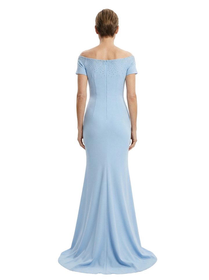 Mother of The Groom Gown Off Shoulder Short Sleeve Fitted Floor-Length Beaded Trim Classy Modern Formal Evening Dress