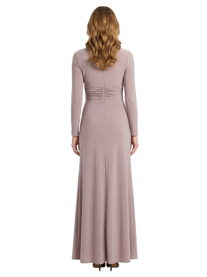 Mother of The Bride Dress Long Sleeve V-Neck Ruched Maxi Pretty Timeless Formal Wedding Guest Gown