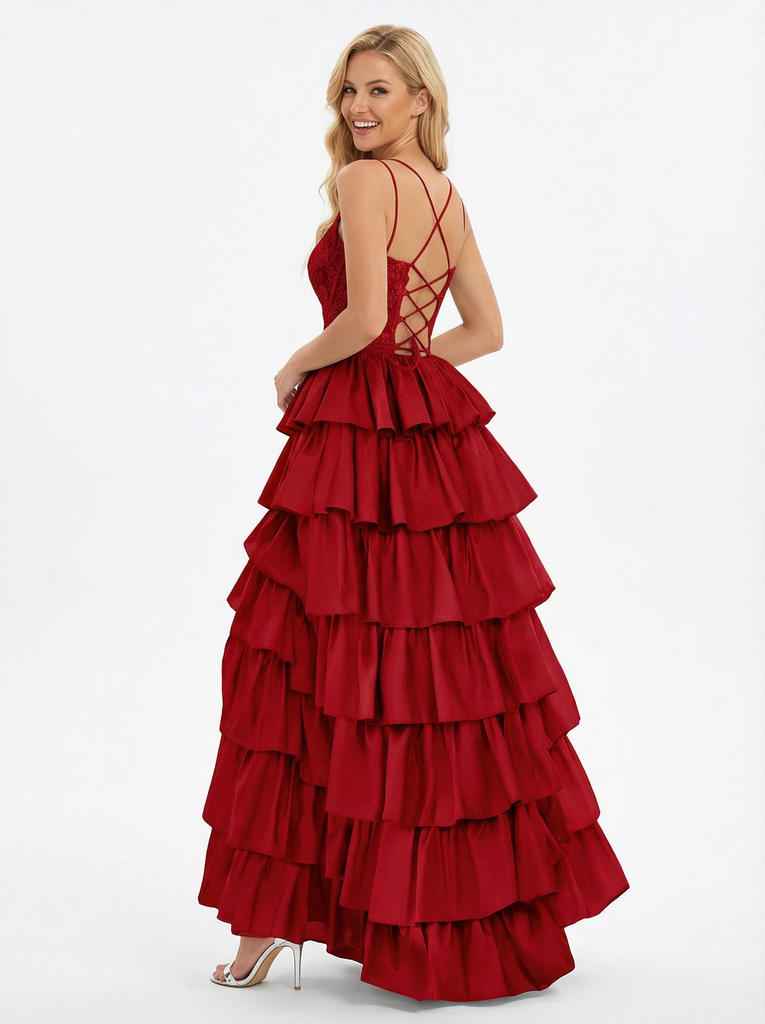 Sweet Spaghetti Straps V-neck A-line Side Slit Long Evening Prom Dresses with Ruffle