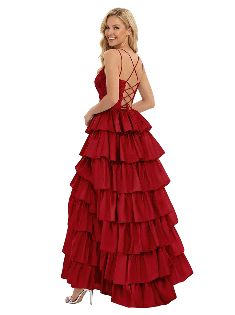 Sweet Spaghetti Straps V-neck A-line Side Slit Long Evening Prom Dresses with Ruffle