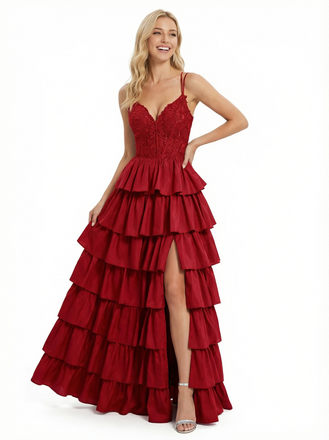 Sweet Spaghetti Straps V-neck A-line Side Slit Long Evening Prom Dresses with Ruffle