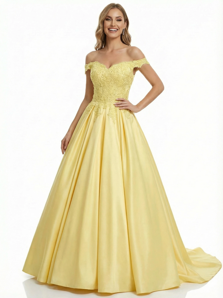 Sweet Off The Shoulder Lace Beaded A-line Floor Length Long Evening Ball Gown Prom Dresses