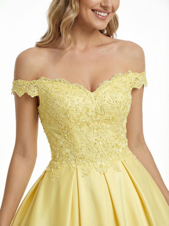 Sweet Off The Shoulder Lace Beaded A-line Floor Length Long Evening Ball Gown Prom Dresses