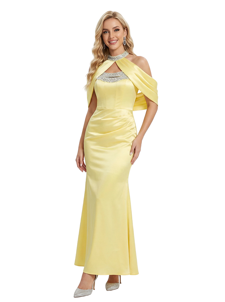 Sparkly Halter Mermaid Beading Ankle Length Long Satin Evening Prom Dresses