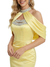 Sparkly Halter Mermaid Beading Ankle Length Long Satin Evening Prom Dresses