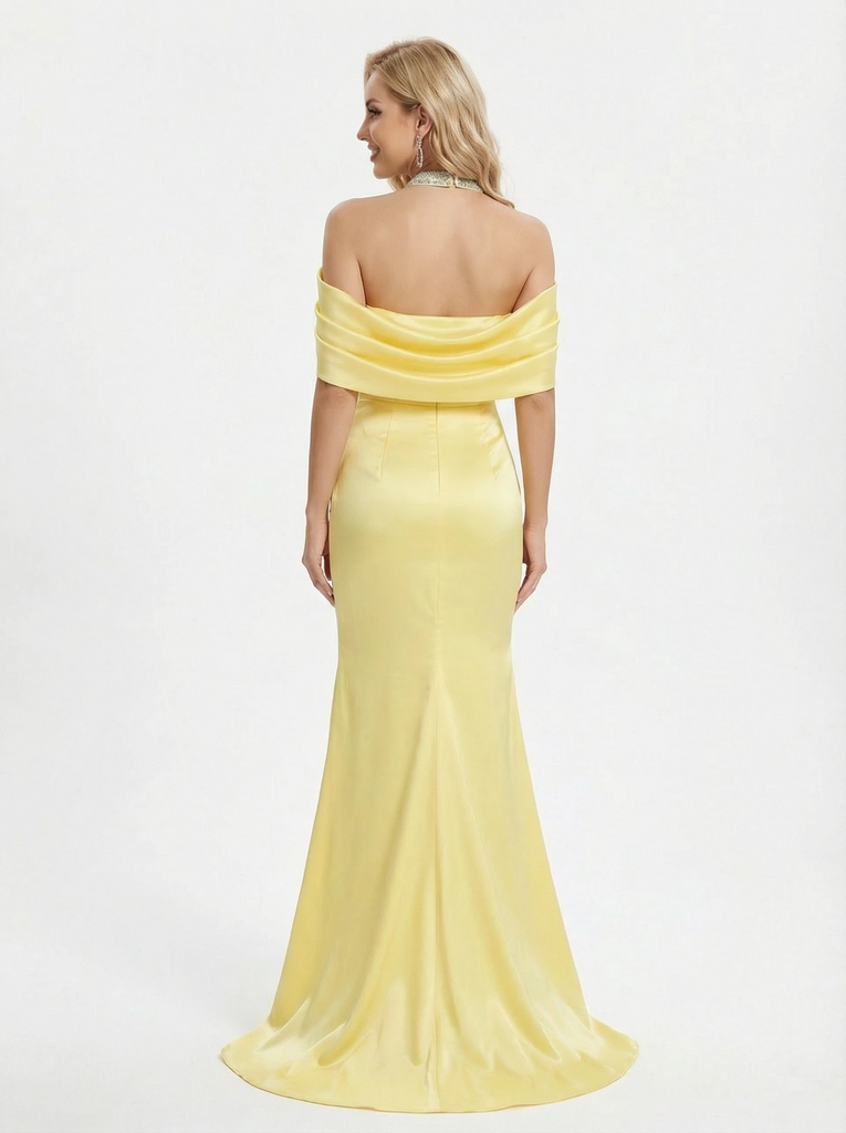 Sparkly Halter Mermaid Beading Ankle Length Long Satin Evening Prom Dresses