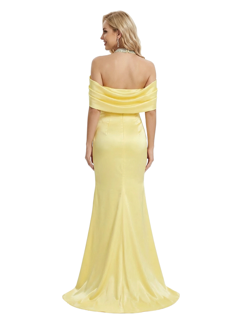 Sparkly Halter Mermaid Beading Ankle Length Long Satin Evening Prom Dresses