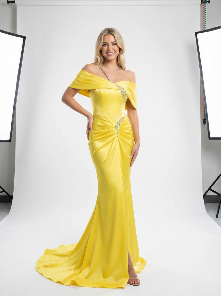 Elegant Off Shoulder Mermaid Beading Pleats Long Satin Evening Prom Dresses