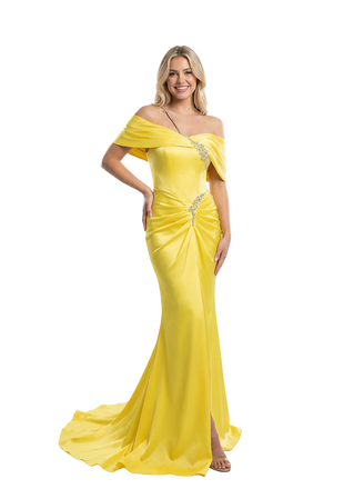 Elegant Off Shoulder Mermaid Beading Ruched Long Satin Evening Prom Dresses
