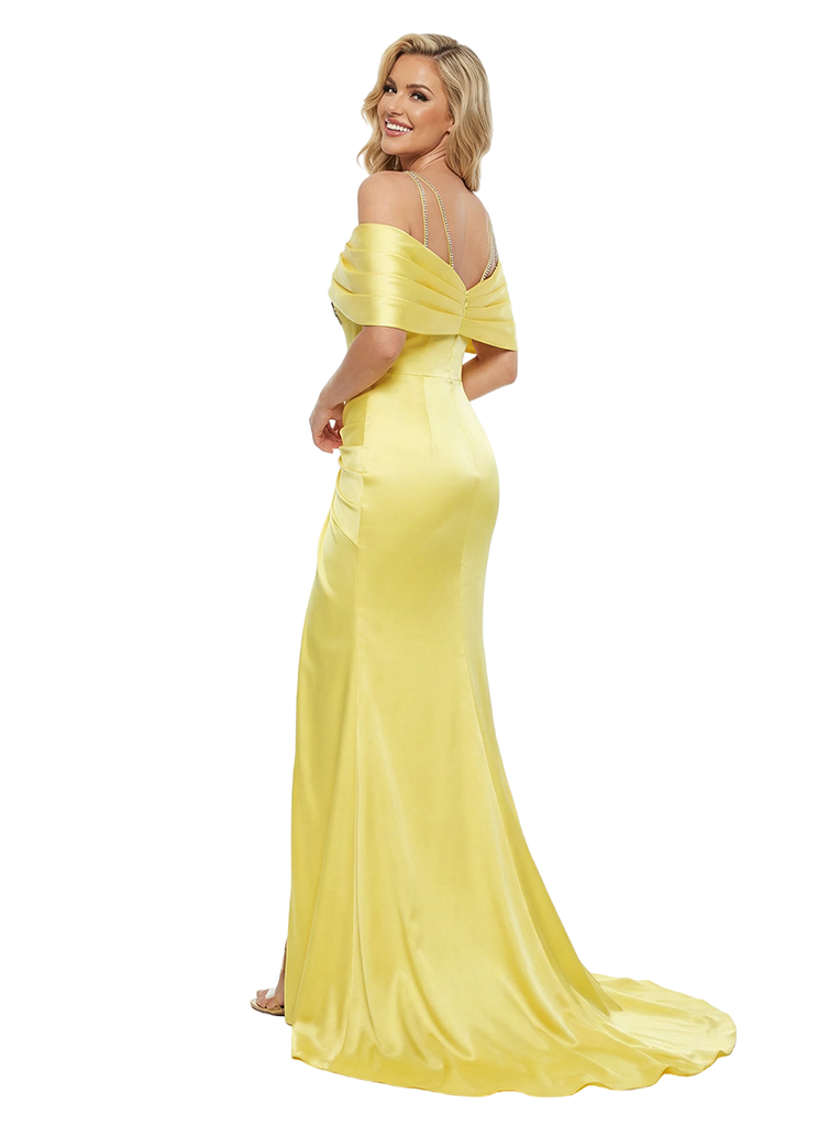 Elegant Off Shoulder Mermaid Beading Ruched Long Satin Evening Prom Dresses