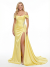 Elegant Cold Shoulder Mermaid Pleats Long Evening Satin Prom Dresses with Side Slit