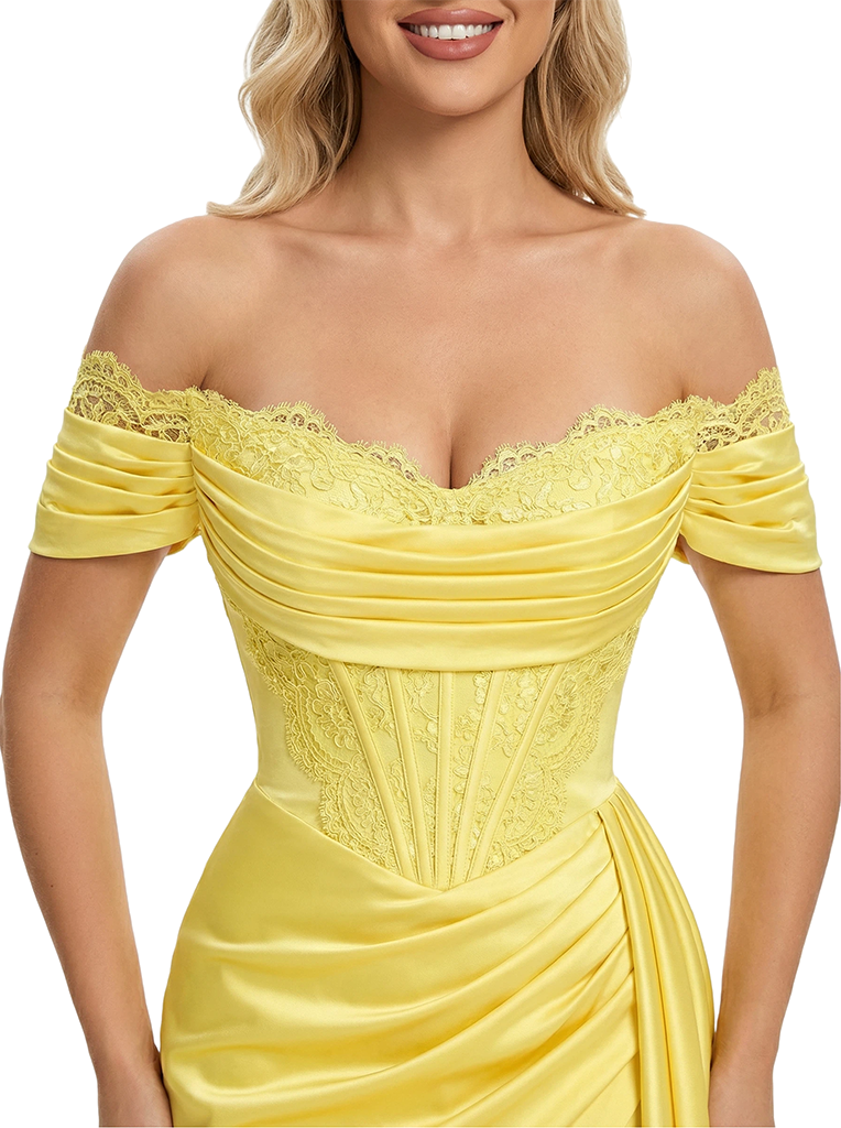 Elegant Cold Shoulder Mermaid Pleats Long Evening Satin Prom Dresses with Side Slit