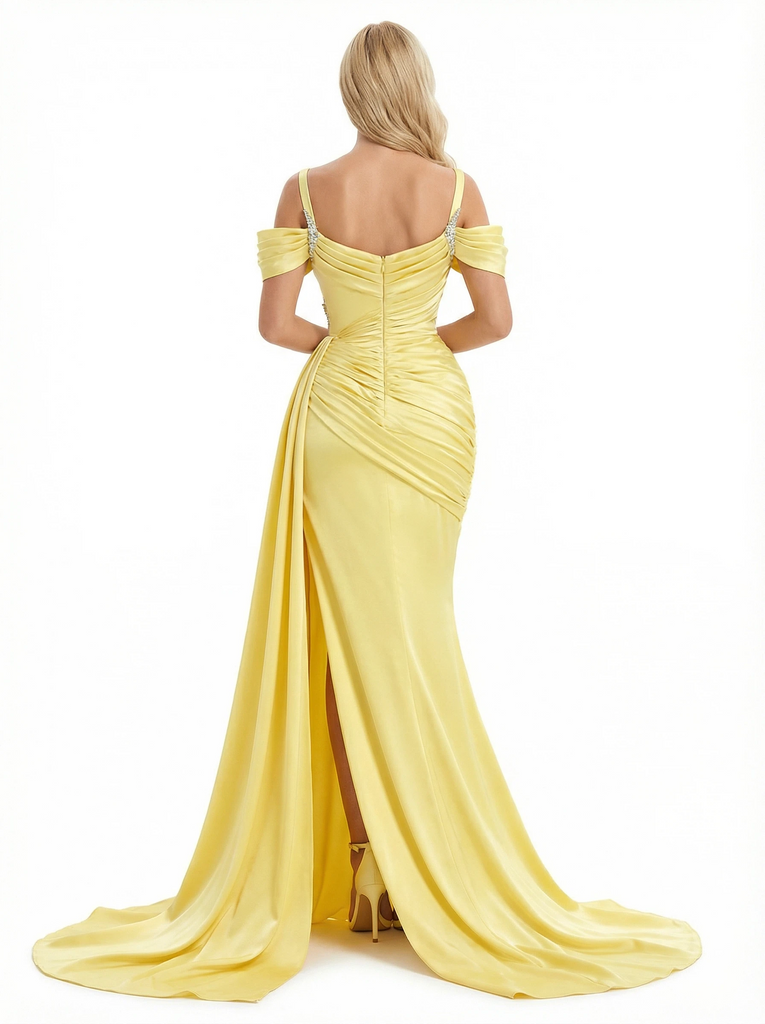 Elegant Cold Shoulder Mermaid Pleats Long Evening Satin Prom Dresses with Side Slit