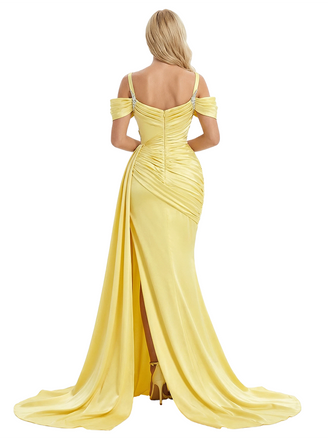 Elegant Cold Shoulder Mermaid Pleats Long Evening Satin Prom Dresses with Side Slit