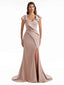 Sexy Side Split Cap Sleeve Mermaid V-Neck Stretchy Crepe Long Formal Bridesmaid Dresses