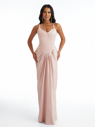 Sexy Spaghetti Straps Mermaid Pleated Satin Unique Long Bridesmaid Dresses