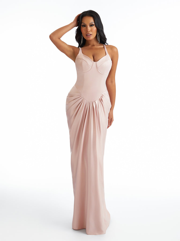 Sexy Spaghetti Straps Mermaid Pleated Satin Unique Long Bridesmaid Dresses