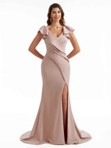Sexy Side Split Cap Sleeve Mermaid V-Neck Stretchy Crepe Long Formal Bridesmaid Dresses