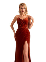 Sexy Side Slit Mermaid Spaghetti Straps Velvet Long Bridesmaid Dresses Online