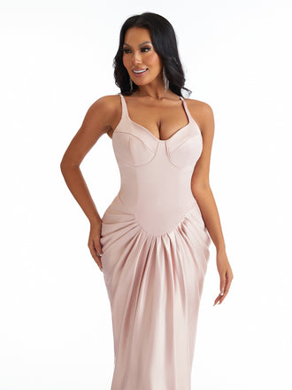 Sexy Spaghetti Straps Mermaid Pleated Satin Unique Long Bridesmaid Dresses