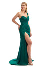 One Shoulder Sweetheart Satin Boho Bridesmaid Dress Thigh-High Slit