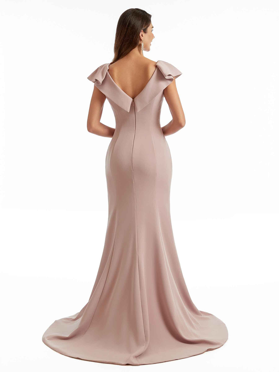 Sexy Side Split Cap Sleeve Mermaid V-Neck Stretchy Crepe Long Formal Bridesmaid Dresses