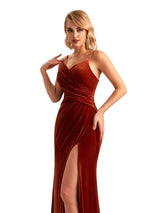 Sexy Side Slit Mermaid Spaghetti Straps Velvet Long Bridesmaid Dresses Online