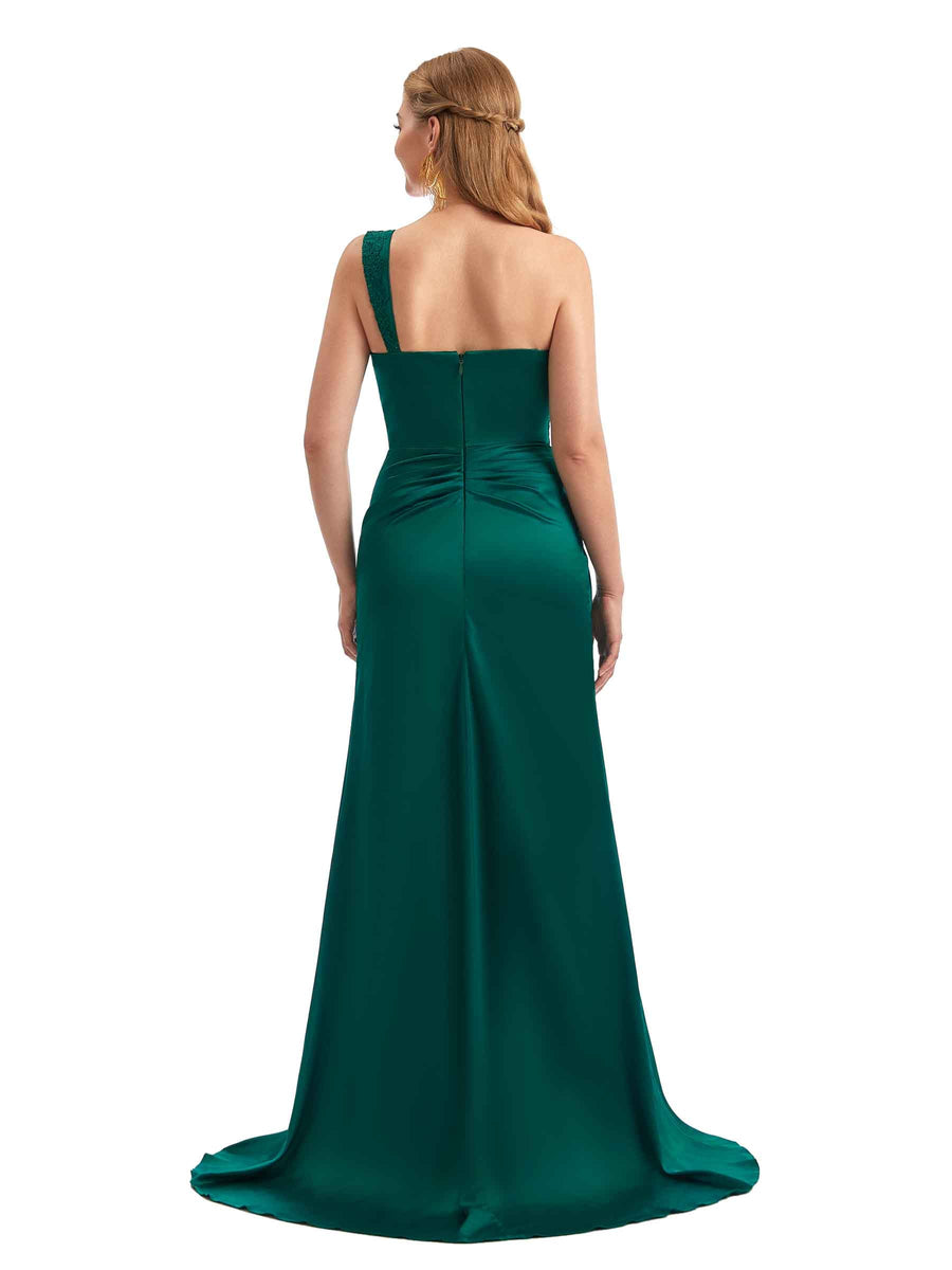 One Shoulder Sweetheart Satin Boho Bridesmaid Dress Thigh-High Slit