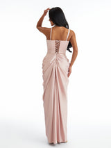 Sexy Spaghetti Straps Mermaid Pleated Satin Unique Long Bridesmaid Dresses