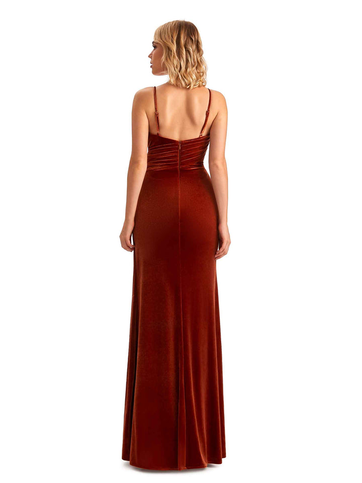 Sexy Side Slit Mermaid Spaghetti Straps Velvet Long Bridesmaid Dresses Online
