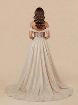 A-line Off Shoulder Side Slit Maxi Long Sequin Wedding Dresses Online