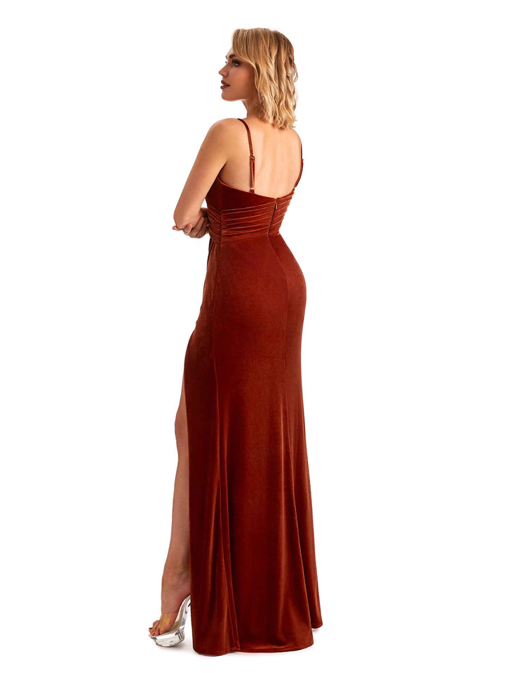 Sexy Side Slit Mermaid Spaghetti Straps Velvet Long Bridesmaid Dresses Online