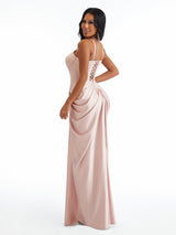 Sexy Spaghetti Straps Mermaid Pleated Satin Unique Long Bridesmaid Dresses