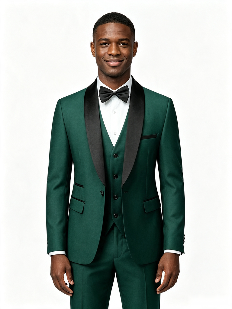 Color Blocking 3 Piece Green Men's Suit with Regular Fit and Sophisticated Peak Lapel