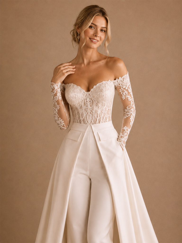 ChicSew Modern Sweetheart Long Sleeve Lace Satin Maxi Wedding Jumpsuit With Overskirt