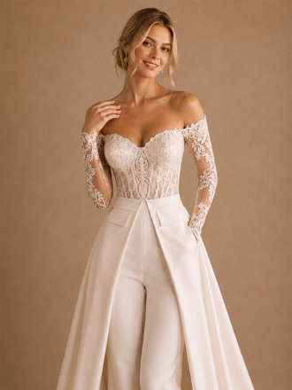 ChicSew Modern Sweetheart Long Sleeve Lace Satin Maxi Wedding Jumpsuit With Overskirt