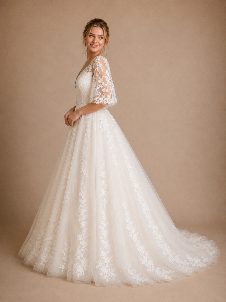 ChicSew Romantic Unique V-Neck A-Line Lace Tulle Flutter Sleeves Maxi Wedding Dresses
