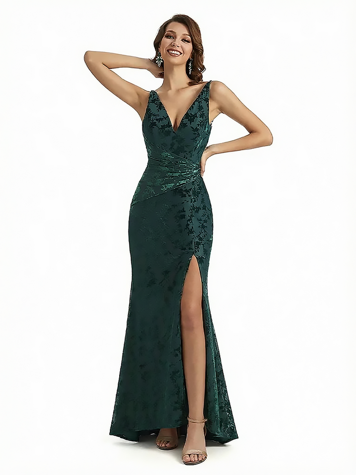 Sexy Side Slit V-neck Floral Burnout Velvet Long Formal Evening Gown Dresses