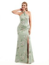 Beautiful Halter Side Slit Mermaid Floral Satin Maxi Floral Formal Dresses For Women