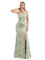 Beautiful Halter Side Slit Mermaid Floral Satin Maxi Floral Formal Dresses For Women